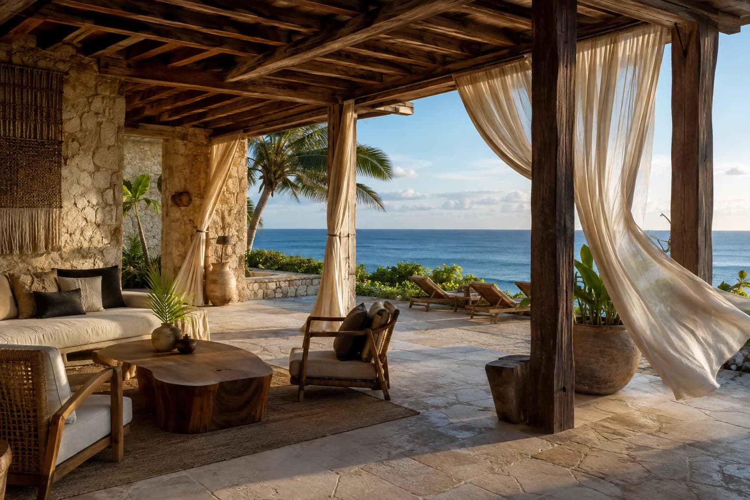 A handcrafted open-air hotel lobby framing the Caribbean Sea