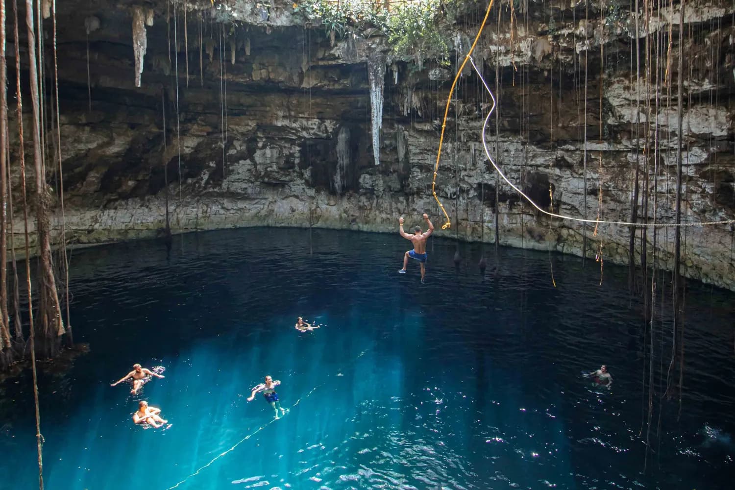 A wild limestone cenote glowing beneath the Riviera Maya forest