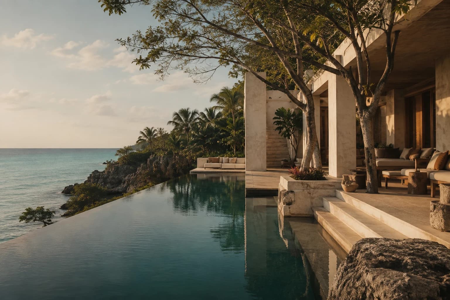A private limestone hotel and infinity pool set into the Caribbean coast