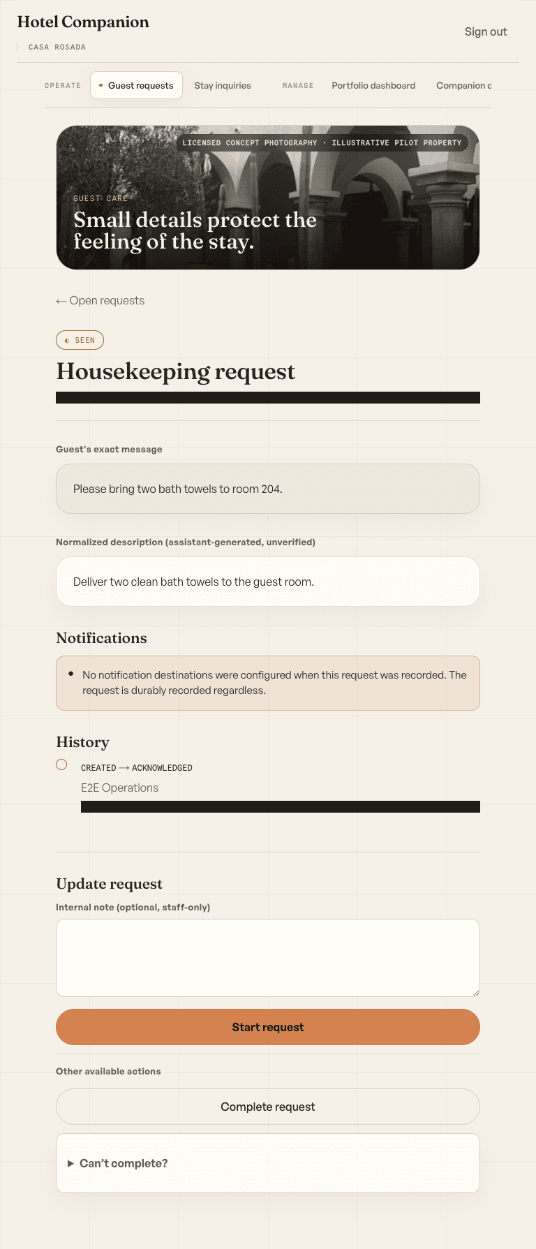 Actual staff request interface showing the guest message, history and request update controls with sample data