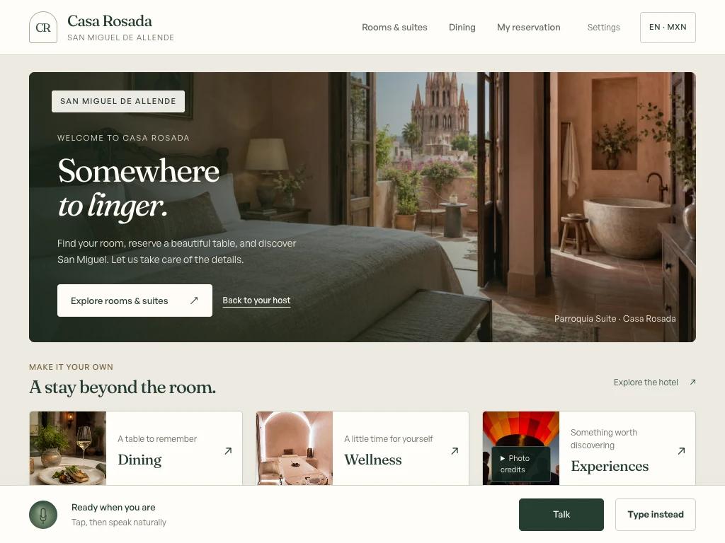 Actual Hotel Companion sales demo interface: Welcome